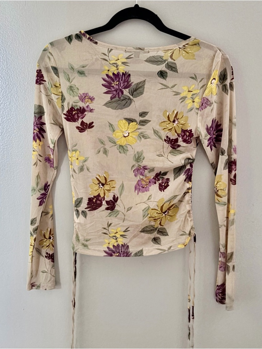 Floral Mesh Top Ruched Side Tie Y2K Fairycore Whimsygoth Sheer Long Sleeve - Picture 4 of 6